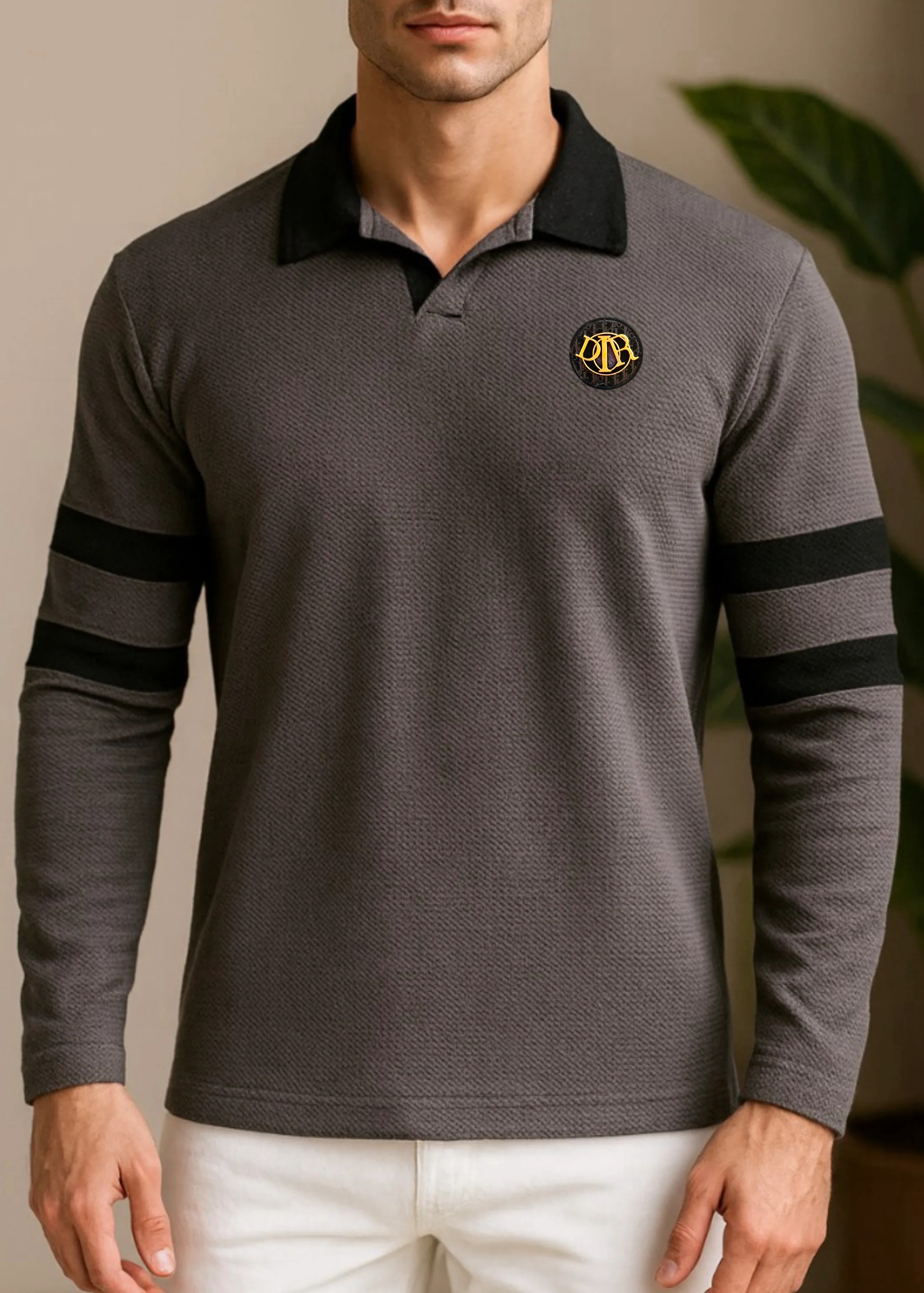 Textured Gray Polo with Dual Sleeve Stripes